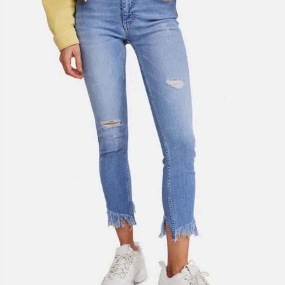 Free People Blue Ankle Cropped Jeans with Distressed Details